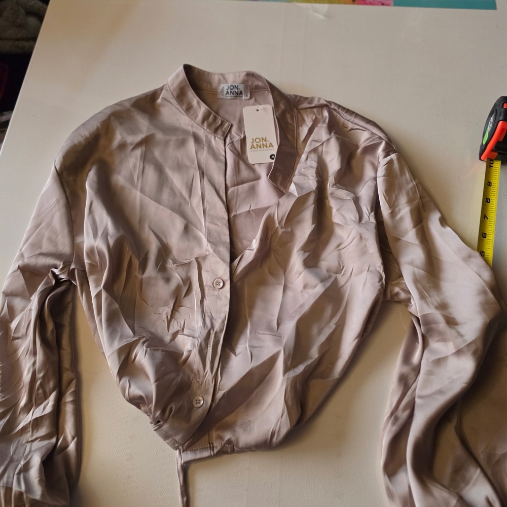 Jon & Anna Contemporary Satin Long Sleeve Cropped Blouse Taupe Champagne M